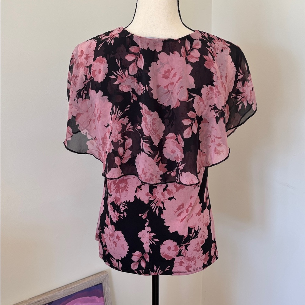 Floral Sheer Pink and Black Blouse - Picture 3 of 6